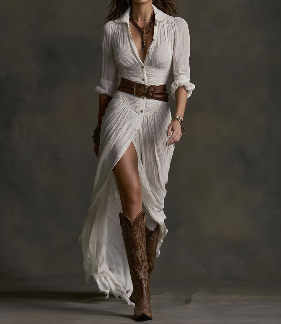 Aurora · Vestido ancho de lino con cuello invertido