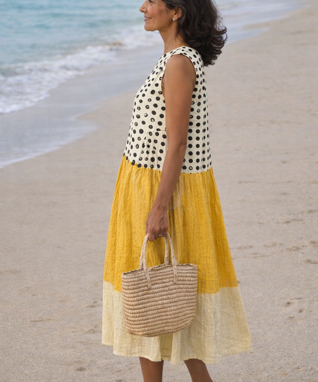Lía | Vestido midi de bloques de color con lunares