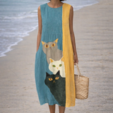 Paola | Vestido vintage con estampado artístico de gatos divertidos