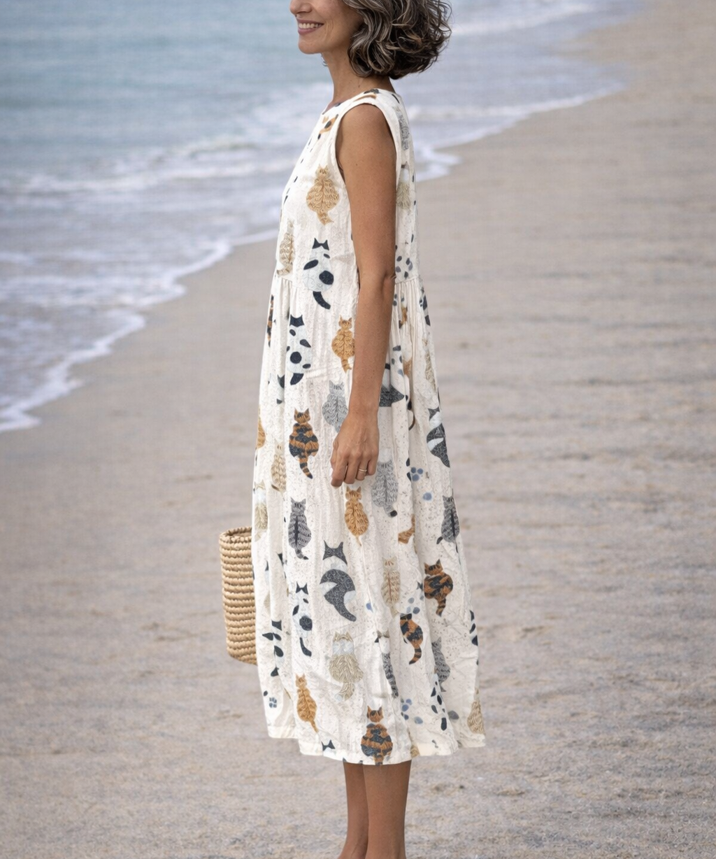 Alina | Vestido midi con estampado de gatos lindos