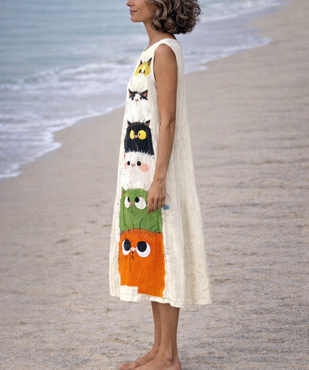 Zoé | Vestido midi con estampado de gato lindo