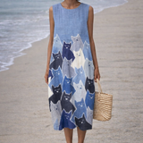 Avellana | Vestido midi con arte patchwork de gatos