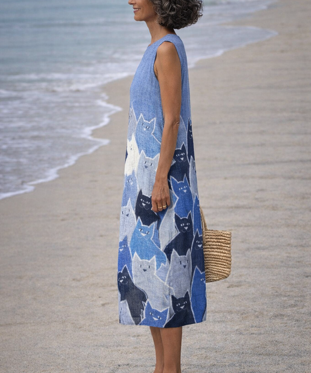 Avellana | Vestido midi con arte patchwork de gatos