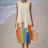 Penélope | Vestido midi con arte de gatos coloridos