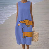 Julia | Vestido de lino para mujer con estampado de perro salchicha