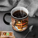 Taza térmica de cerámica mágica con diseño de estantería de libros