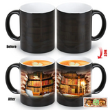 Taza térmica de cerámica mágica con diseño de estantería de libros