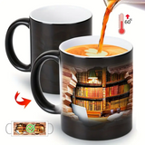 Taza térmica de cerámica mágica con diseño de estantería de libros