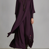 Melina | Vestido largo morado con cintura alta y pliegues asimétricos