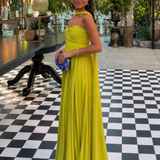 CARMEN | VESTIDO LARGO PLISADO AMARILLO CON CUELLO HALTER