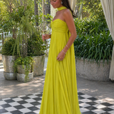 CARMEN | VESTIDO LARGO PLISADO AMARILLO CON CUELLO HALTER